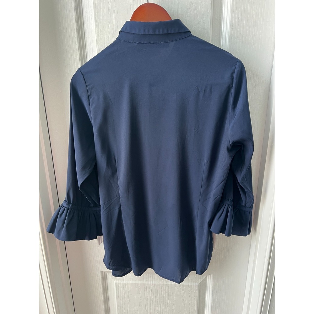 Gretchen Scott Womens Blouse Navy Blue Ruffle 3/4 Sleeve Button Up Size M - Picture 2 of 5
